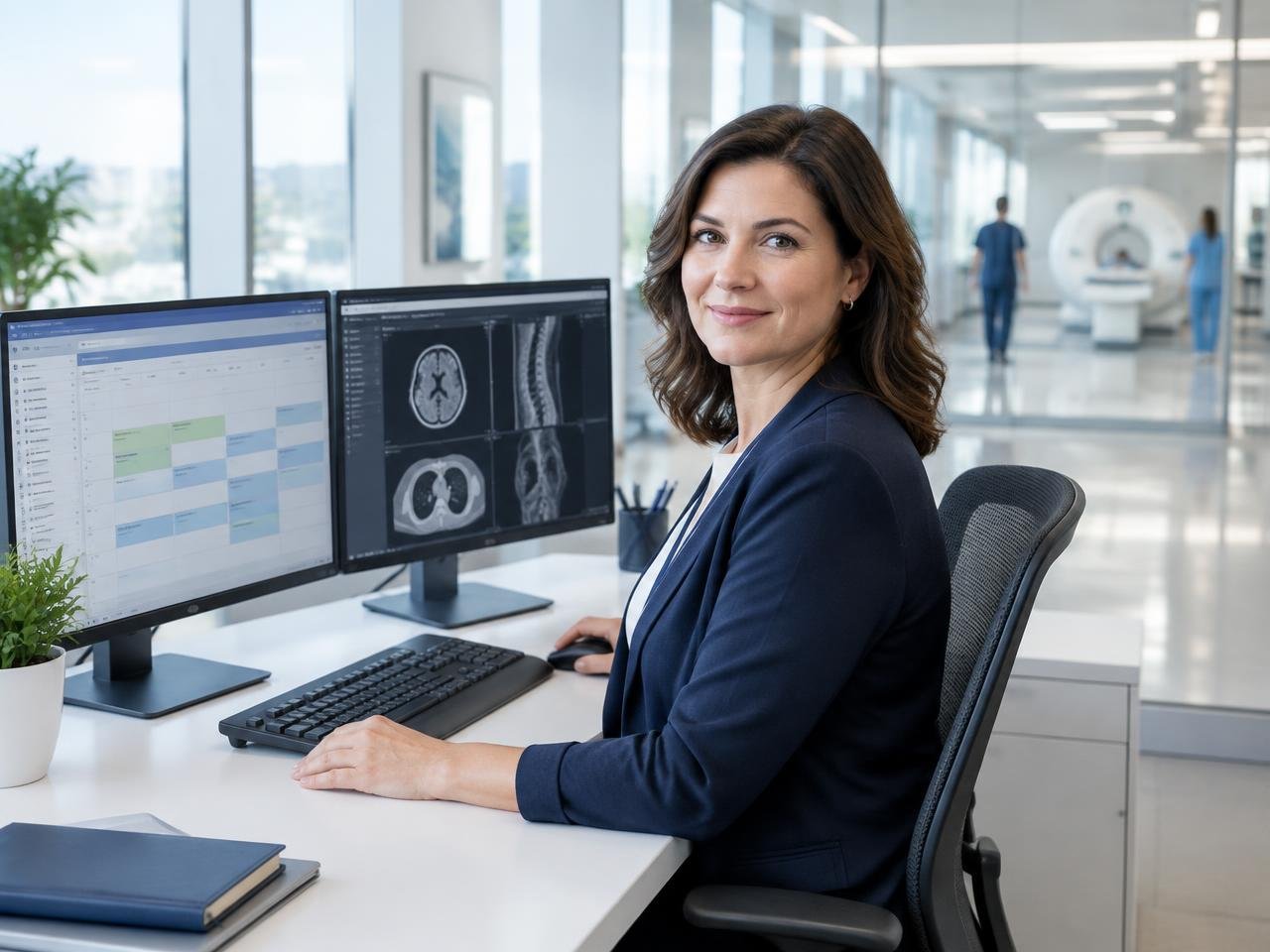 Hospital scheduler working beside a radiology department