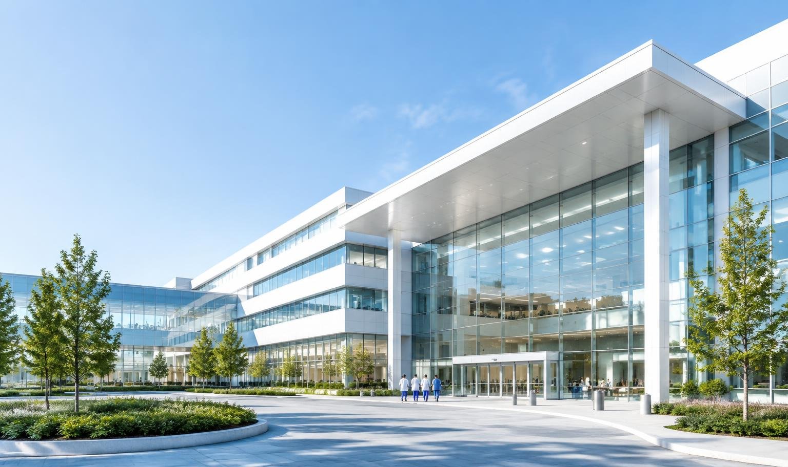 Transparent glass exterior of a modern hospital